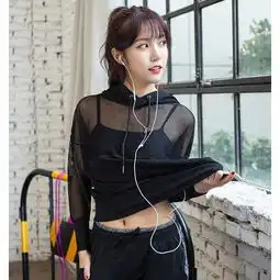 春夏新款运动健身瑜伽服女纯色性感镂空网纱防晒罩衫宽松连帽外套
