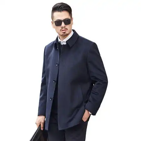 汤河之家大衣男秋冬季新款中年男式商务休闲纯羊毛翻领纯色外套爸爸装
