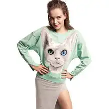 闪亮蓝眼猫图案印花薄荷绿棉卫衣女绒衫袖口有拉链haoduoyi包邮tmall.com天猫