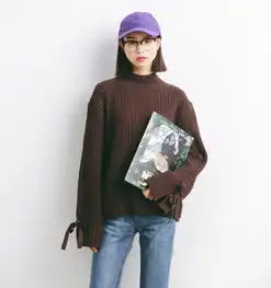 韩国2017秋季新款女装韩版上衣慵懒系带针织衫女纯色宽松百搭毛衣
