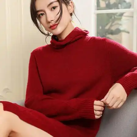 施悦名2018秋冬加厚长款堆堆领山羊绒衫女过膝开叉宽松慵懒风毛衣针织上衣
