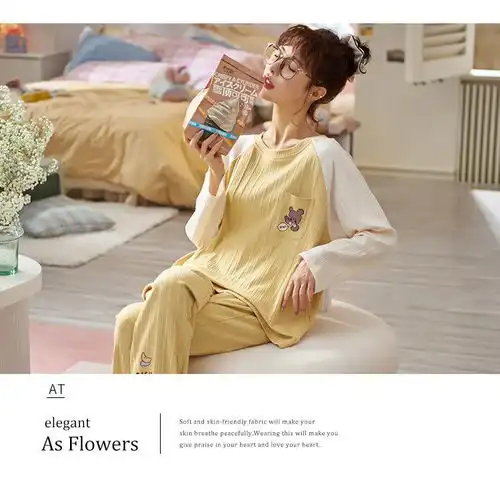 卓纪睡衣女秋季卡通长袖纯棉可爱休闲套装清新少女常规韩版全棉大码家居服
