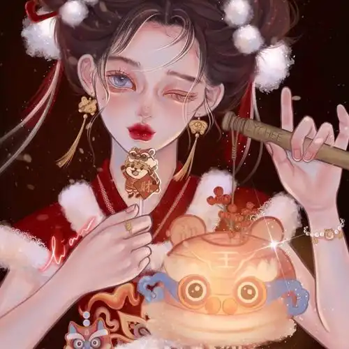 微信头像红色系手绘国潮风2022虎年新年女生动漫头像,哇太喜庆了
