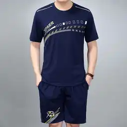 中老年男款两件套运动装休闲大码t恤短裤套装
