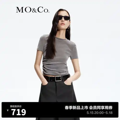 三福长t恤2024夏季荡领系带褶皱不规则下摆上衣女装483089薄荷绿17092al
