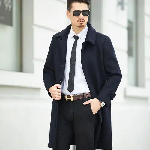 汤河之家秋冬新款中年男式休闲风衣男式翻领商务羊毛呢子大衣b
