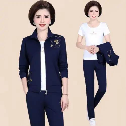 妈妈装春季三件套2020中年女装大码秋卫衣中老年休闲运动服套装女
