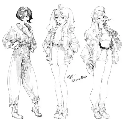 绘画素材动漫女生全身像手绘稿手稿
