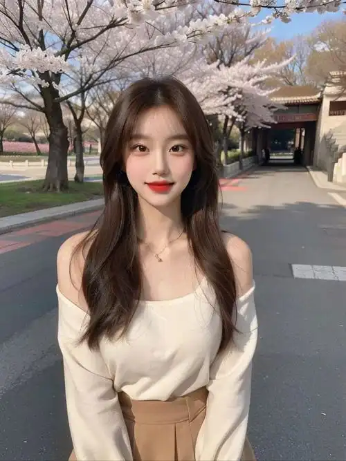 美女,樱花树下的时尚女神米色吊带裙配浅棕上衣,优雅自信新风尚
