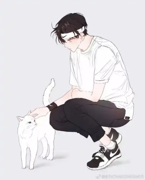 轻抚怀中猫,温柔养猫人动漫手绘养猫男头
