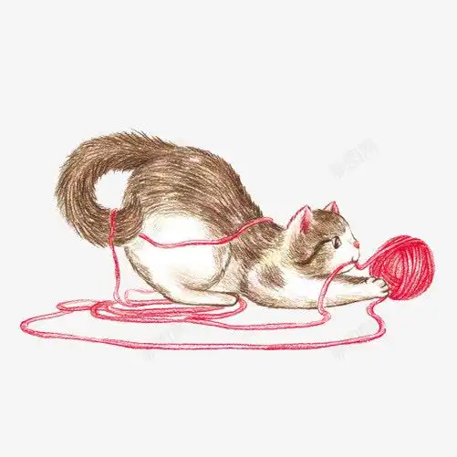 玩线团的猫咪手绘画片创意素材线团素材
