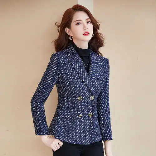 2021秋冬新款小香风黑色气质毛呢小西装外套女修身显瘦西服女上衣
