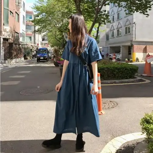 裙子女春夏新款韩版学生宽松慵懒短袖连衣裙女中长款显瘦衬衫裙女
