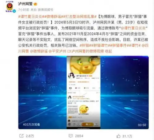 泸州网警男子冒充胖猫事件当事人,已被公安机关行政处罚

