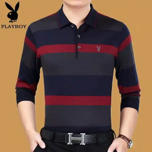 花花公子春秋薄款中年男装毛衣男士长袖打底衫爸爸装翻领男装
