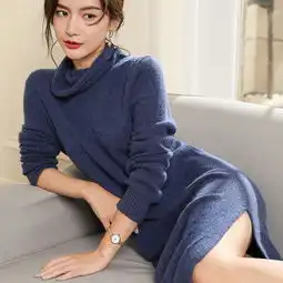 洋湖轩榭秋冬加厚长款堆领山羊绒衫女过膝开叉宽松慵懒风毛衣针织衣a图片大全邮乐官方网站
