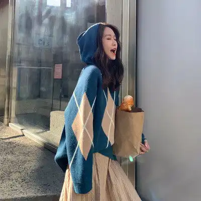 女装个性菱格宽松慵懒连帽毛衣上衣605上衣
