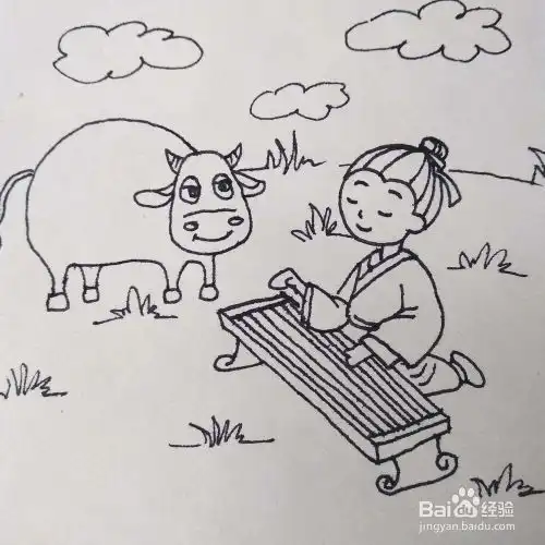如何画成语故事对牛弹琴卡通儿童简笔画教程
