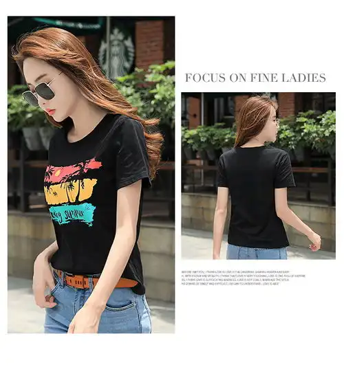 沐映纤苏体桖女夏女装新款百搭半袖纯棉t恤女上衣女士黑色休闲短袖衫
