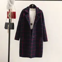 毛衣开衫2018秋季淑女新款中长款西装领格子针织大衣外套女
