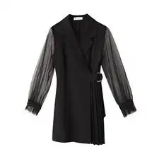 2019新款春高腰拼接网纱a字裙修身西装领连衣裙女
