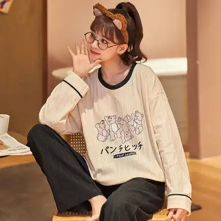 春秋季纯棉长袖睡衣女新款可爱卡通学生薄款家居服两件套装

