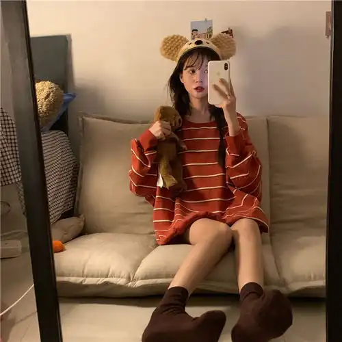 小清新条纹套头卫衣女秋冬外穿宽松bf慵懒风闺蜜装百搭中长款上衣
