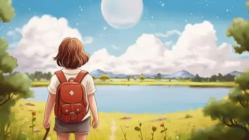 卡通一个背包的女孩站在湖边的背影插画图片素材下载jpg格式熊猫办公
