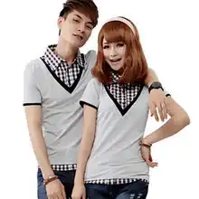 12572013夏装新款t恤格子假两件衬衫领短袖时尚情侣装信息
