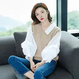 酷比兔2019年春季新品短款拼布衬衫领套头毛衣女士假两件针织衫潮93105图片大全邮乐官方网站
