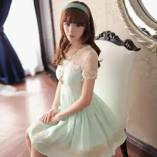 芭妃秋冬新款女气质裙子夏季薄荷绿纯棉拼接网纱短袖绿色连衣裙
