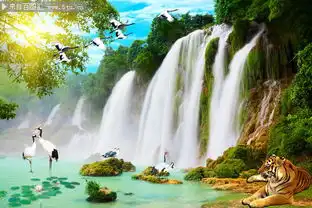 仙鹤瀑布风光中堂画素材
