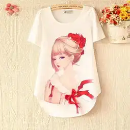 2015夏季韩版百搭美女图案印花圆领短袖女雪纺衫t恤