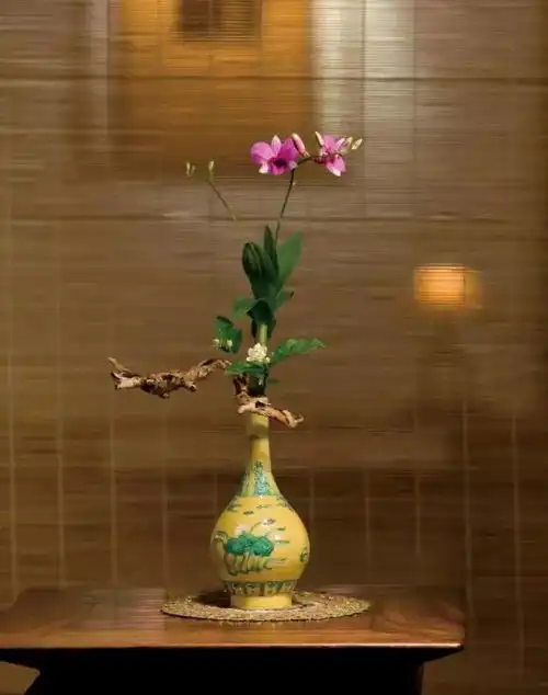 茶空间美学中式插花三枝成韵满室生春
