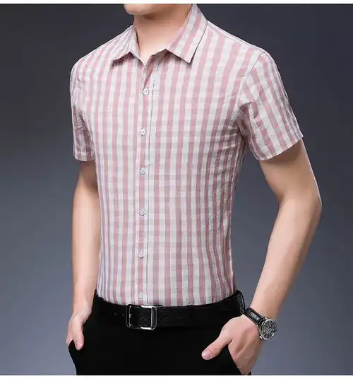 verhouse男士短袖衬衫夏季新款中年男格子衬衣休闲上衣爸爸装
