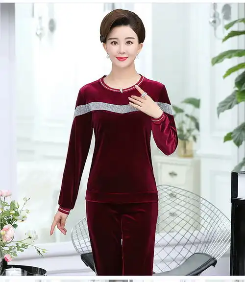 2019妈妈装运动服两件套中老年女装春季休闲金丝绒套装xrx福卡商城
