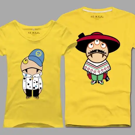 潮牌修身纯棉短袖男士t恤情侣装卡通纯色韩...
