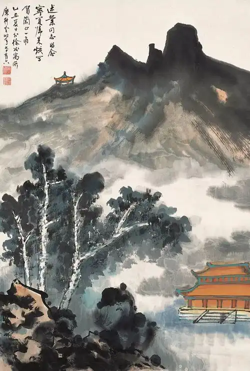 他作为张大千入室弟子,苦学张氏笔墨,所画人物青绿山水,几可乱真
