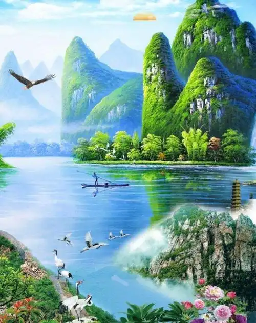 文化格图群文痴翁青山绿水琴中景
