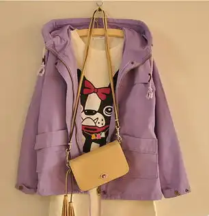 包邮韩版短款工装外套休闲长袖大码彩色风衣女秋装紫色薄荷绿酒红
