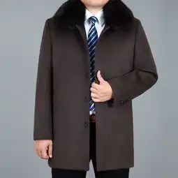 汤河之家新款中老年男式毛呢大衣带毛领呢子风衣外套爸爸装加大码
