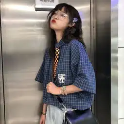 翻领格子黑色其它夏季衬衫
