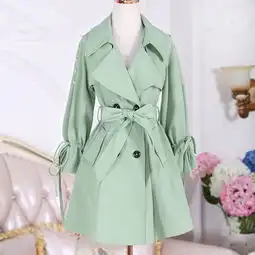 绿色钉珠七分袖风衣外套女学生中长款韩版修身2020春季新款潮

