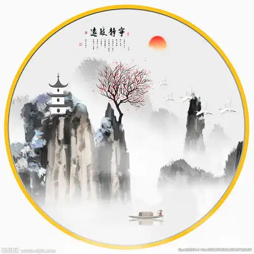 新中式水墨意境山水圆形装饰画图片
