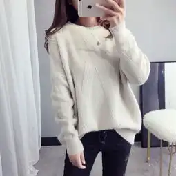 2018新款韩版宽松百搭长袖套头针织衫女中长款慵懒风网红圆领毛衣
