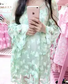 花花家族正品蝴蝶刺绣薄荷绿仙女连衣裙非拿美卓雅
