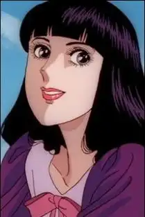 找一个日本动漫人物,紫色齐刘海长发的女生,穿黑色的衣服,有白色蕾丝在胸口,闭眼红唇咬手指的
