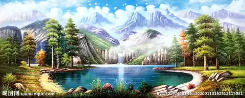 山水风景聚宝盆招财画油画图片
