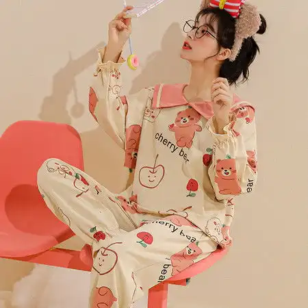 2021秋季新款韩版甜美睡衣纯棉长袖圆领套头少女ins家居服套装
