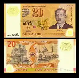 全新unc新加坡20元塑料钞货币等值协议40周年2007年
